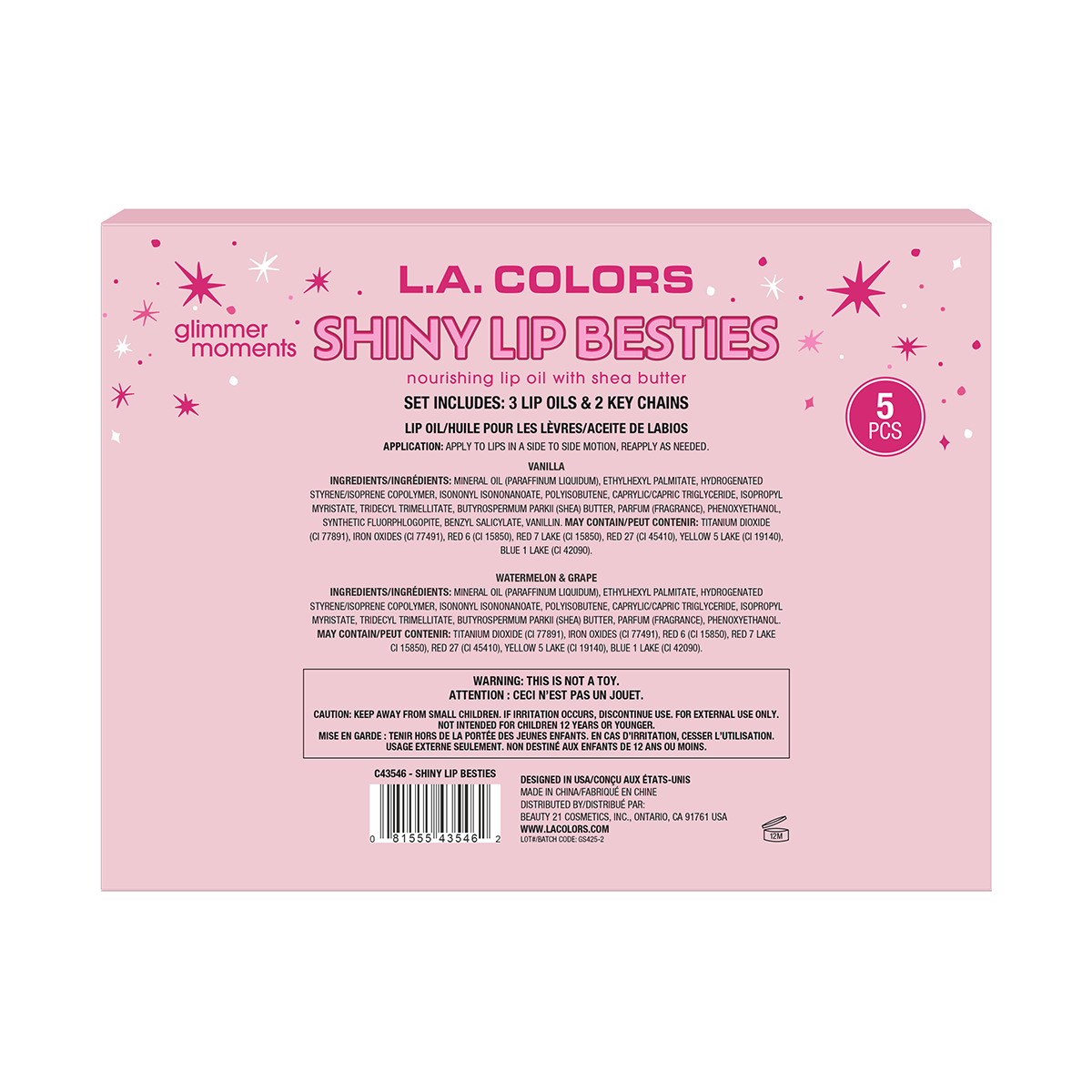 Set L.A. Colors Brillos de Labios Shiny Lip Bestie 5pcs 2025
