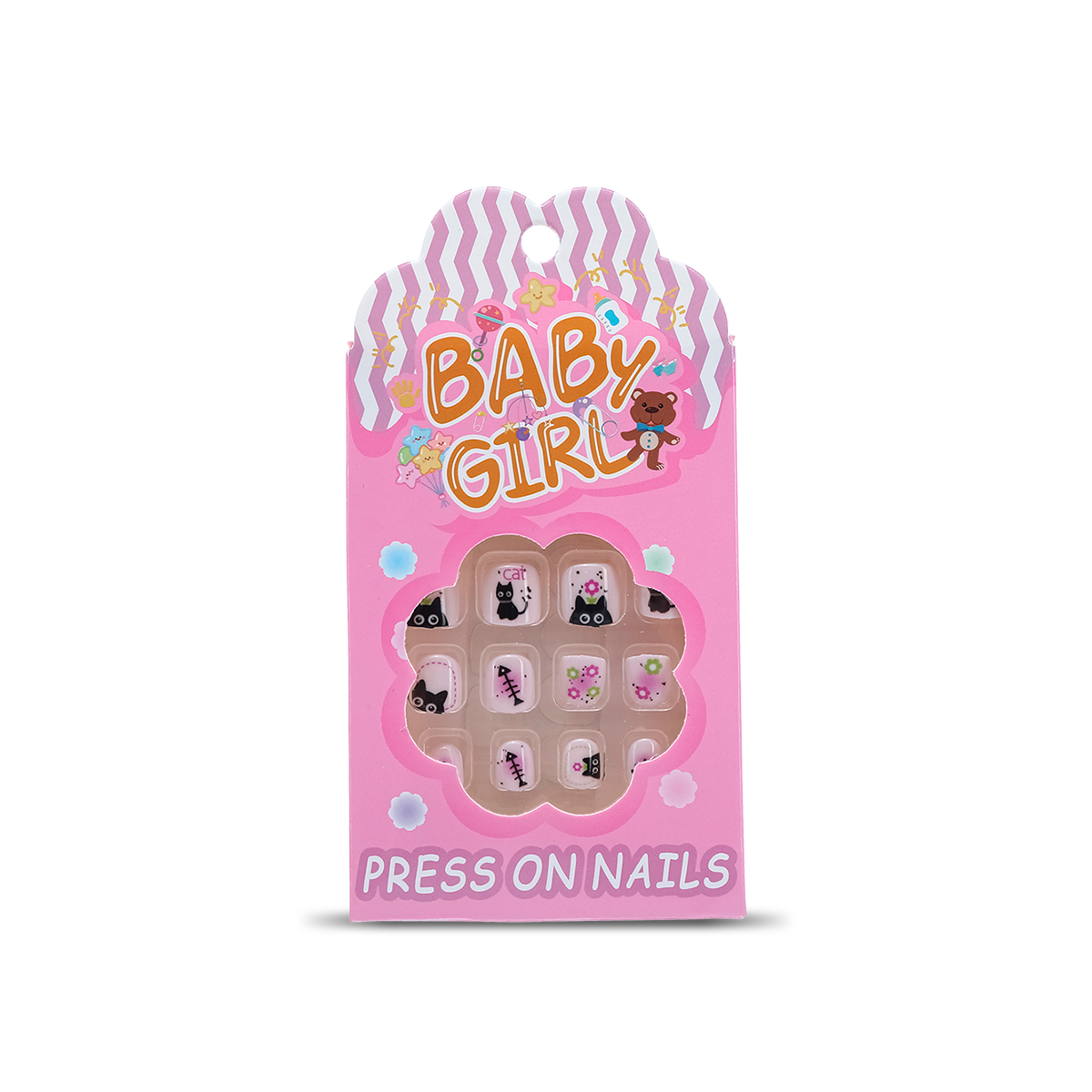 Uñas Postizas Press On Para Niñas Black Kitty Floral