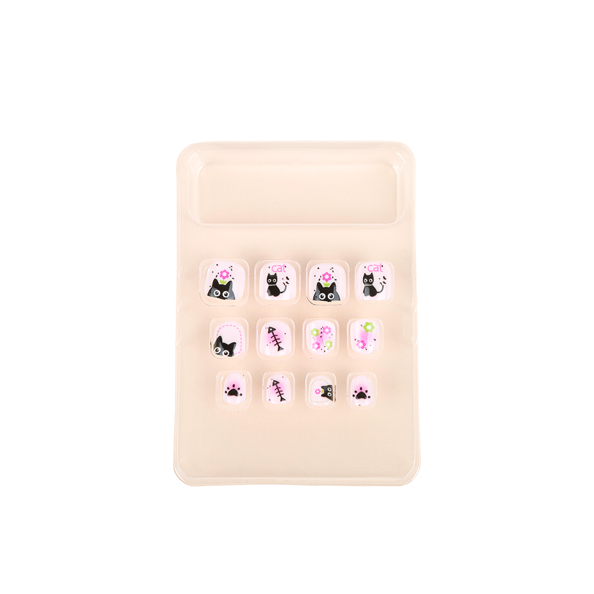 Uñas Postizas Press On Para Niñas Black Kitty Floral